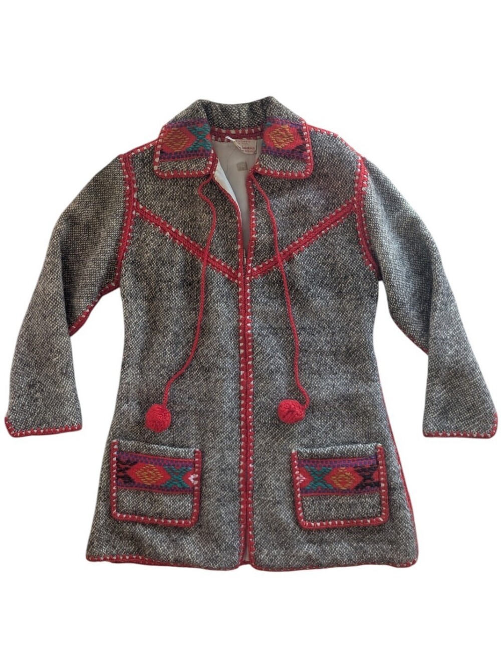 Vintage 60s 70s Greek Wool Coat Crete Folk Boho Artisan Embroidered Trim Small